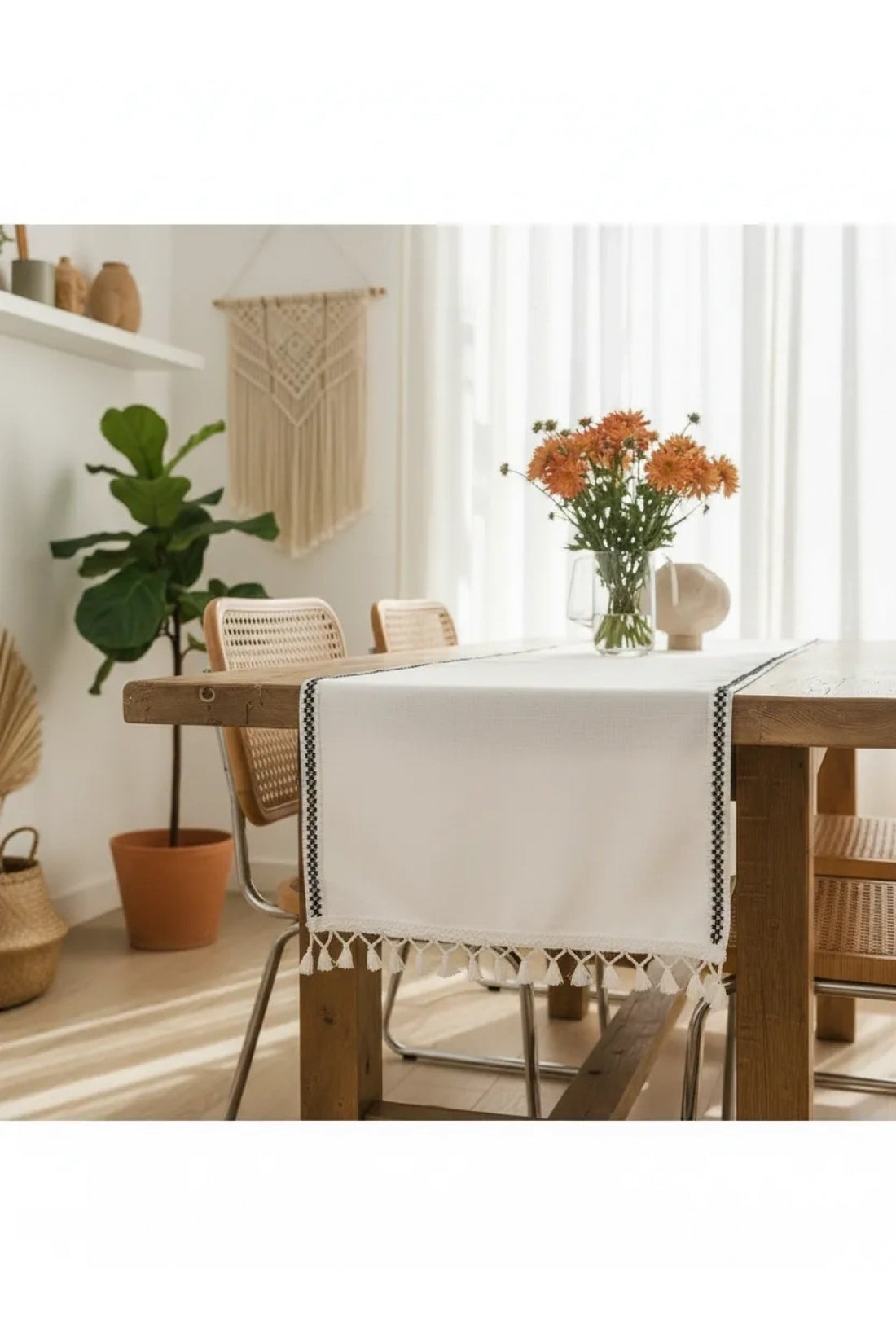 NDC HOME Ham Keten Siyah Şeritli Ponponlu 50 X 150 Cm. Krem Runner.