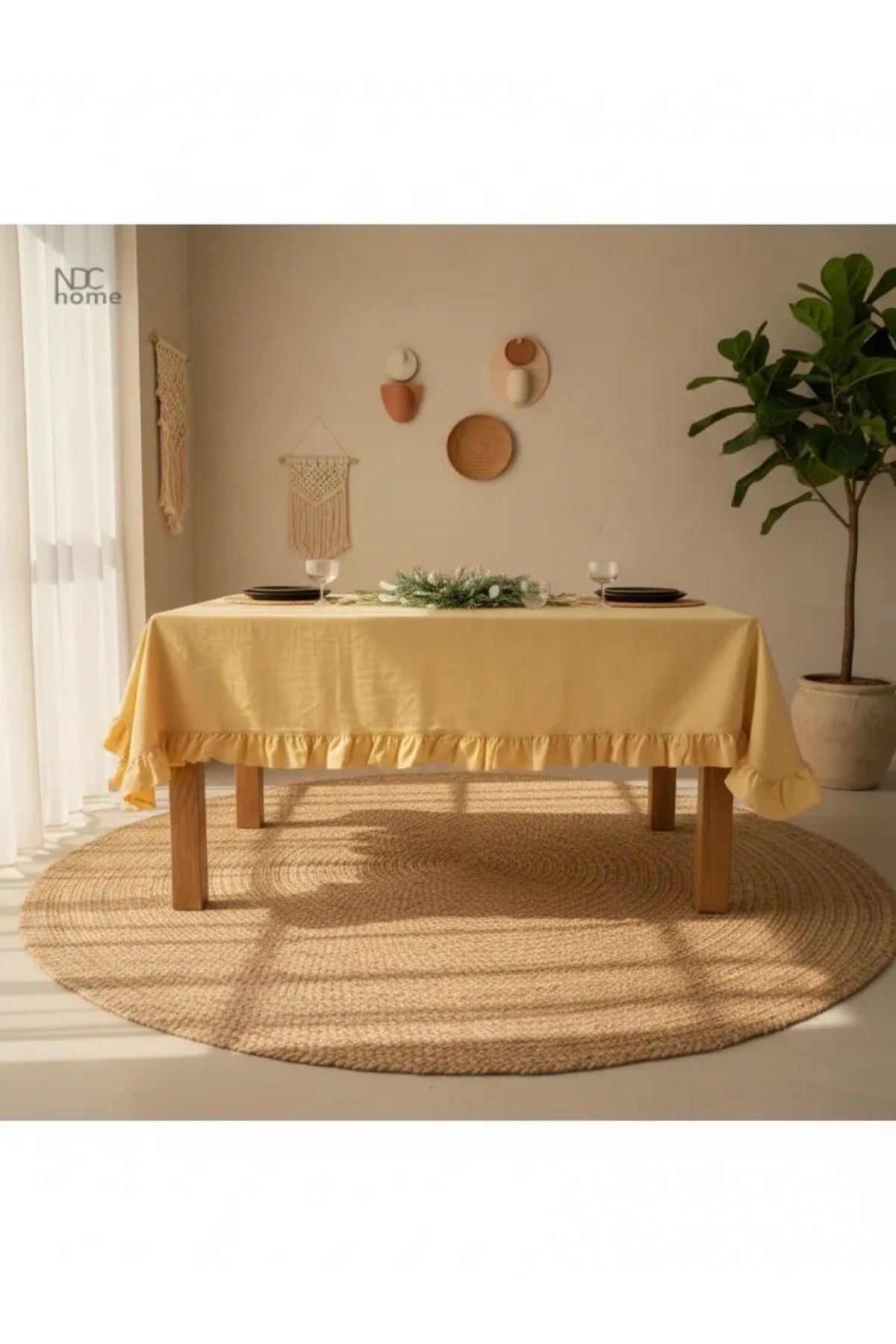 NDC HOME Sarı Keten FIRFIRLI Masa Örtüsü