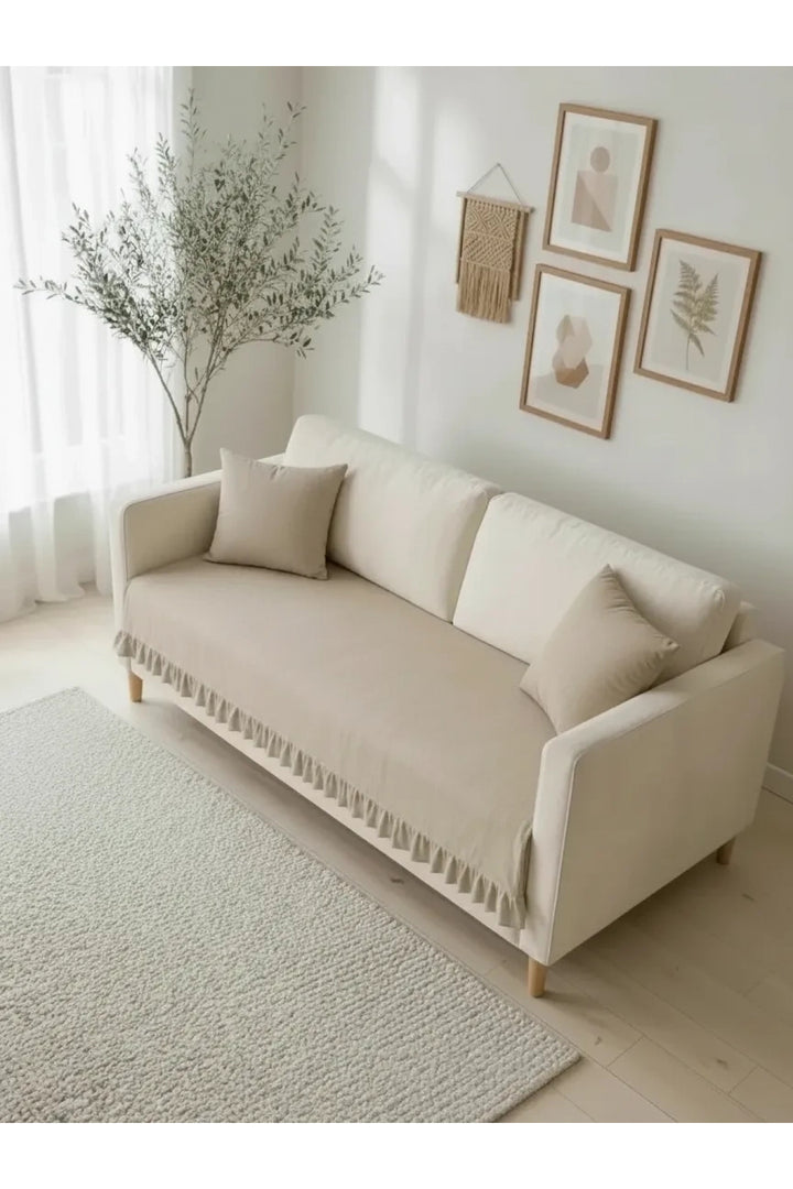 NDC HOME Fırfırlı Keten Koltuk Örtüsü [Kırlentli] -Bej