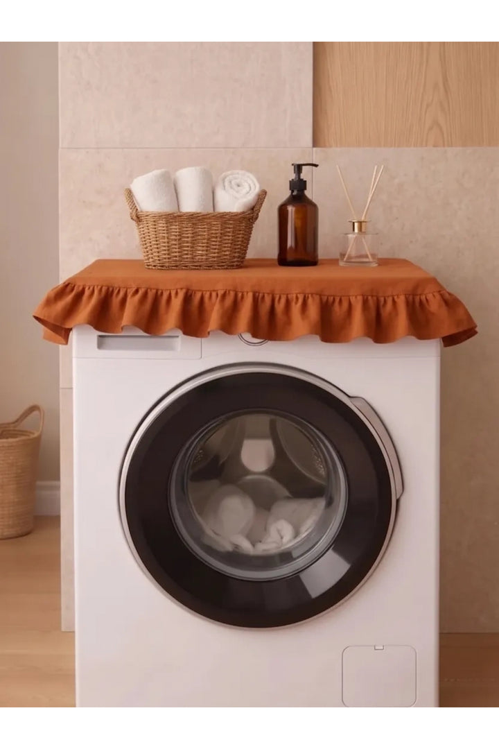 NDC HOME Fırfırlı Çamaşır Makinesi Örtüsü - Çeyizlik Dekoratif Banyo Makine Kılıfı- Tarçın