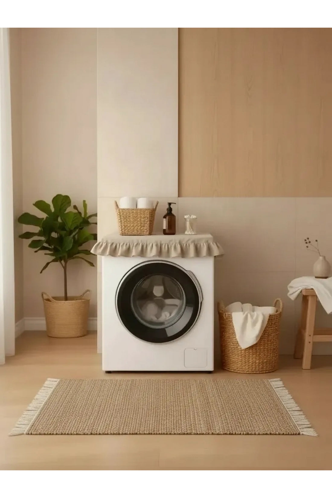 NDC HOME Fırfırlı Çamaşır Makinesi Örtüsü - Çeyizlik Dekoratif Banyo Makine Kılıfı- Bej