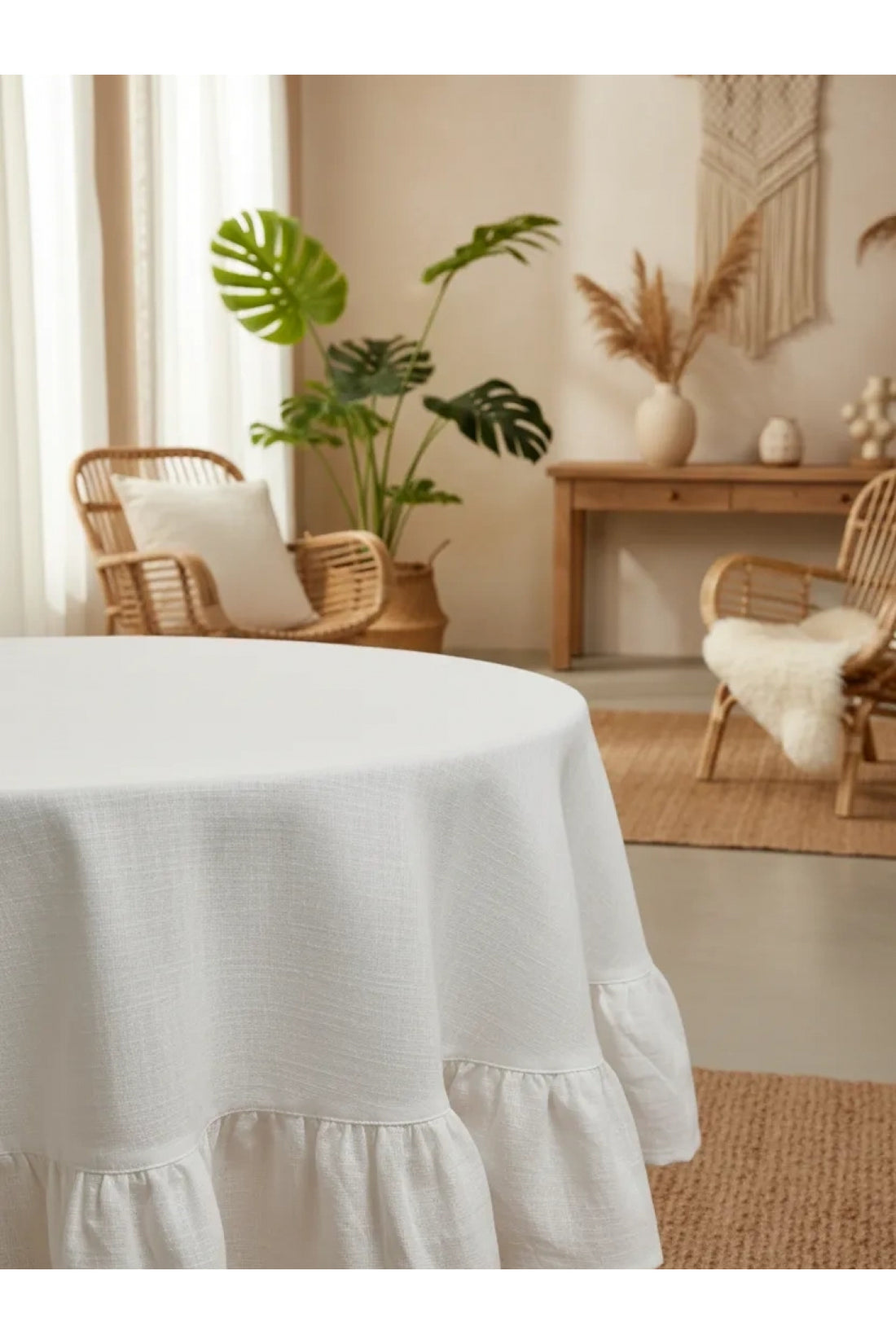 NDC HOME Premium Beyaz Keten Fırfırlı Yuvarlak Masa Örtüsü