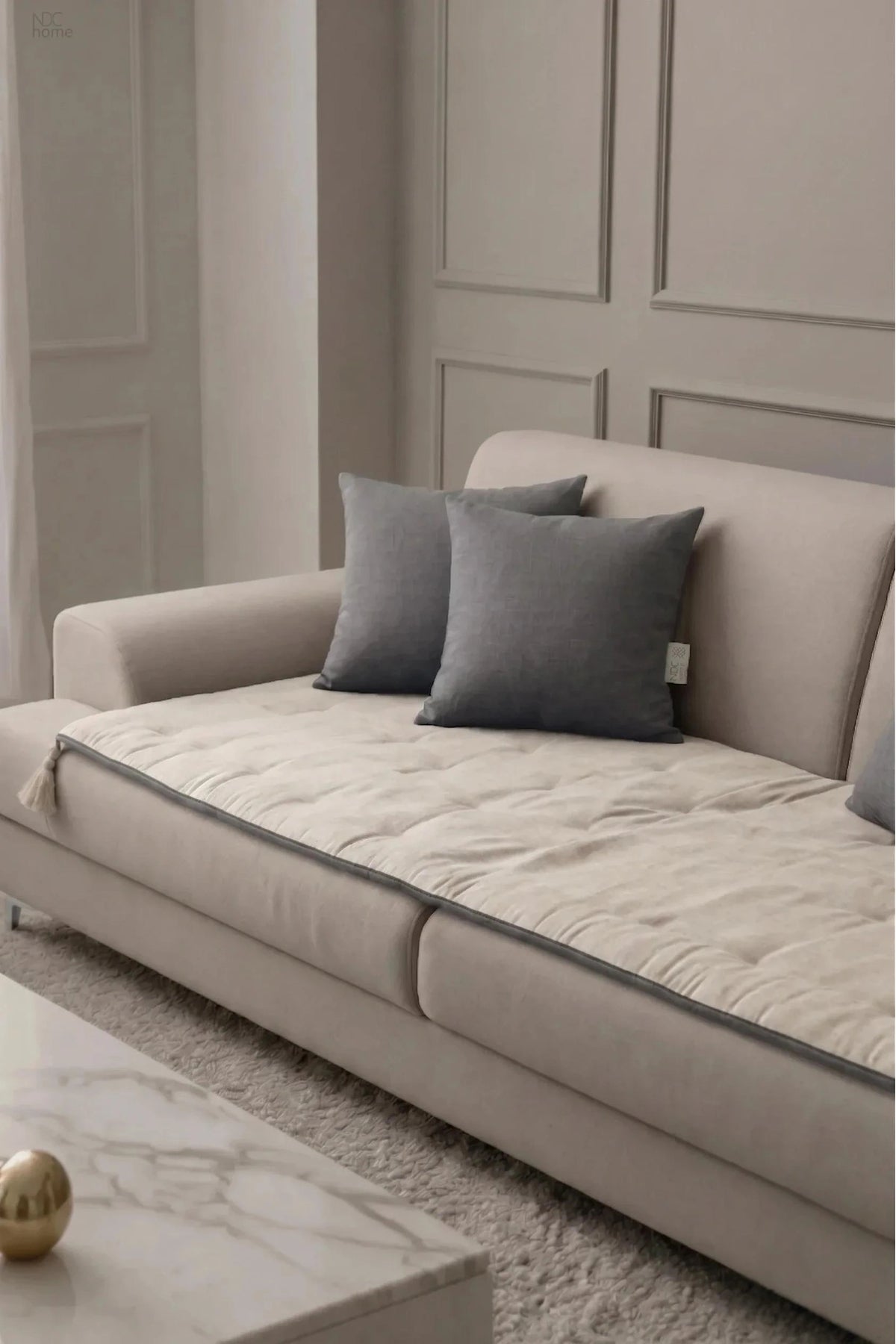 NDC HOME Luxury Çift Taraflı Keten Koltuk Pedi / Şiltesi [Kırlentli] - Füme-Krem
