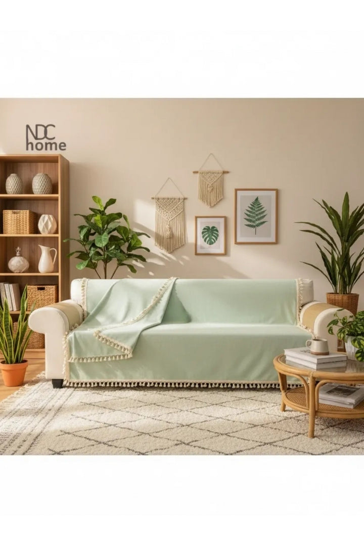 NDC HOME Premium Keten Adaçayı Ponponlu  Koltuk Örtüsü (170 x 220)