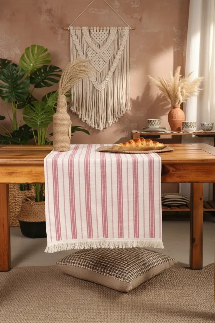 NDC HOME Bordo Çizgili Püsküllü Runner Masa Örtüsü(45 x 150)