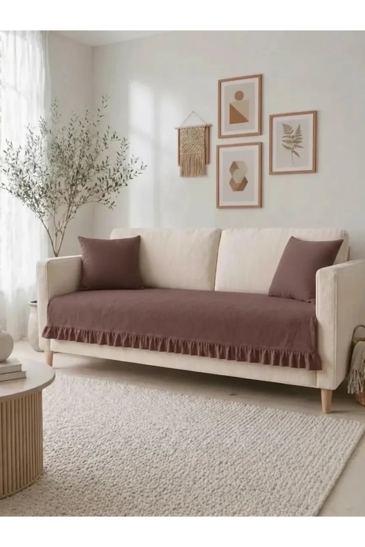 NDC HOME Fırfırlı Keten Koltuk Örtüsü [Kırlentli]-Kahverengi