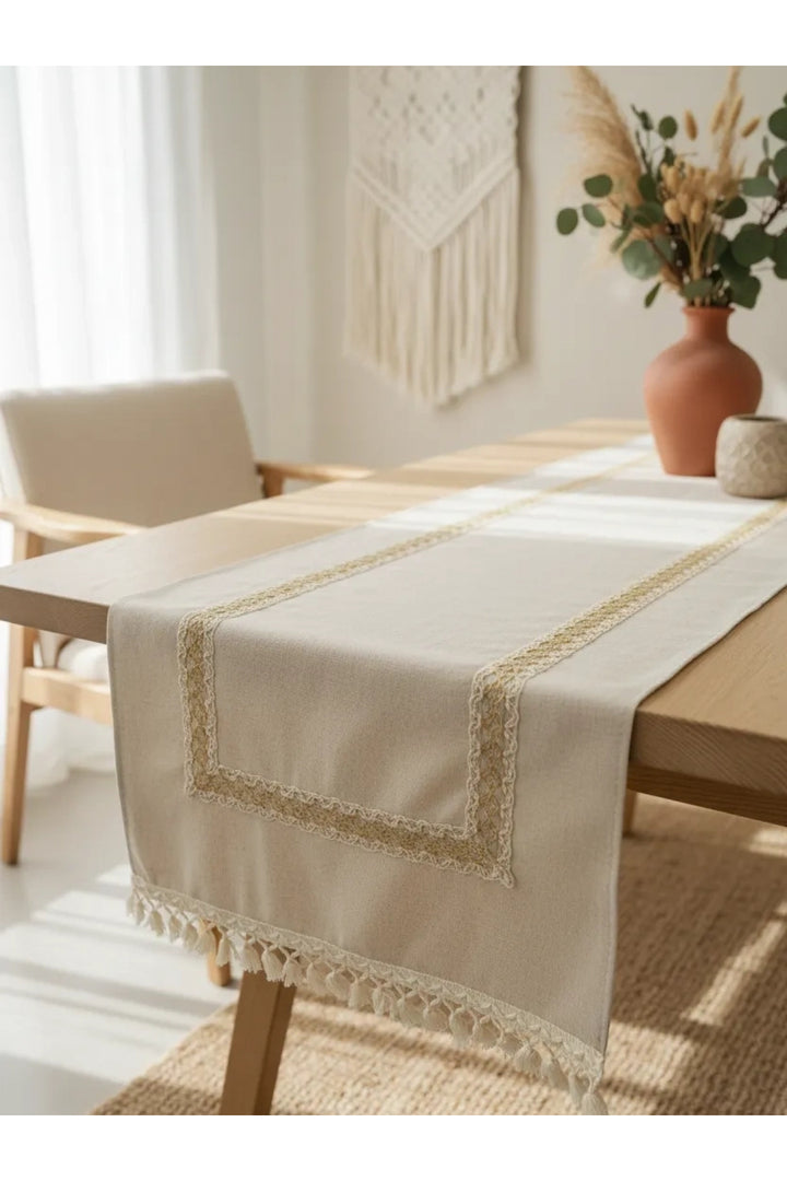 NDC HOME Keten Bej Renk Jüt Dantel Ponponlu Runner 50 X 150
