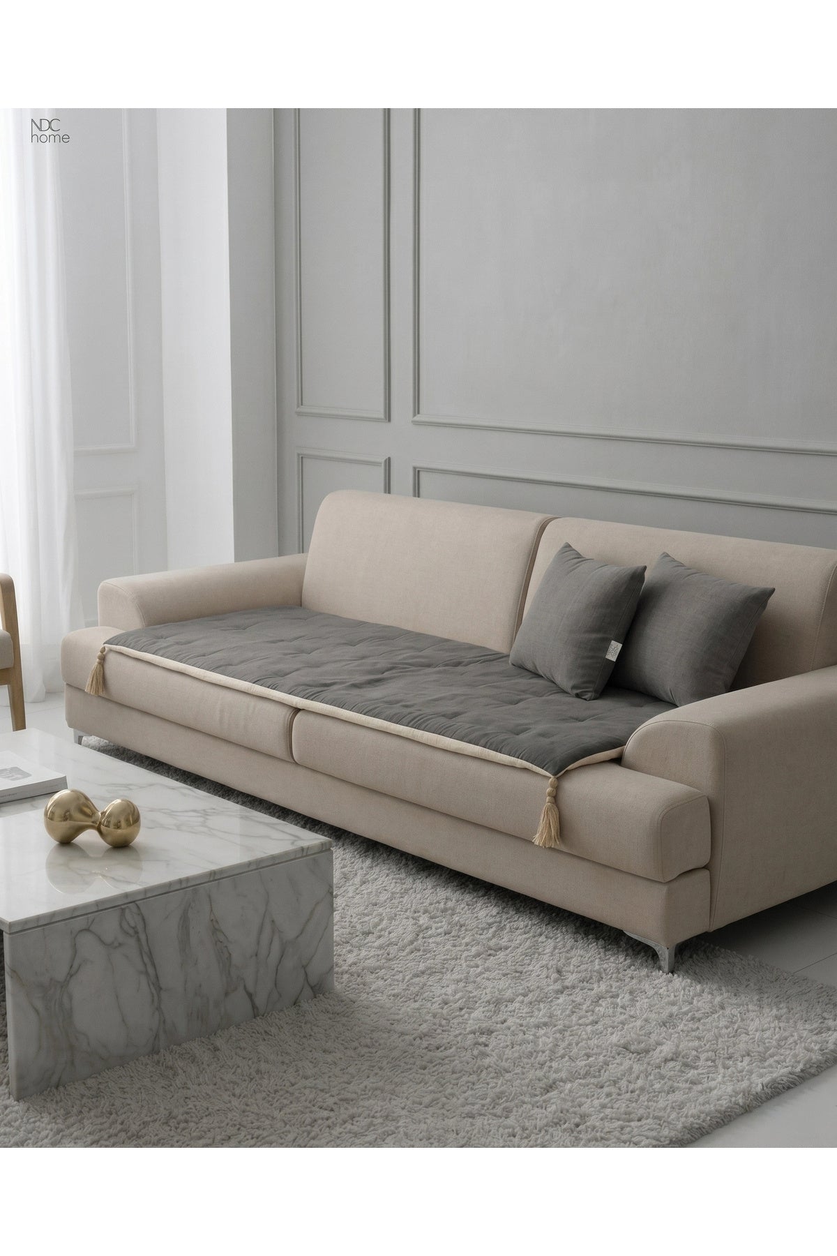 NDC HOME Luxury Çift Taraflı Keten Koltuk Pedi / Şiltesi [Kırlentli] - Füme-Krem
