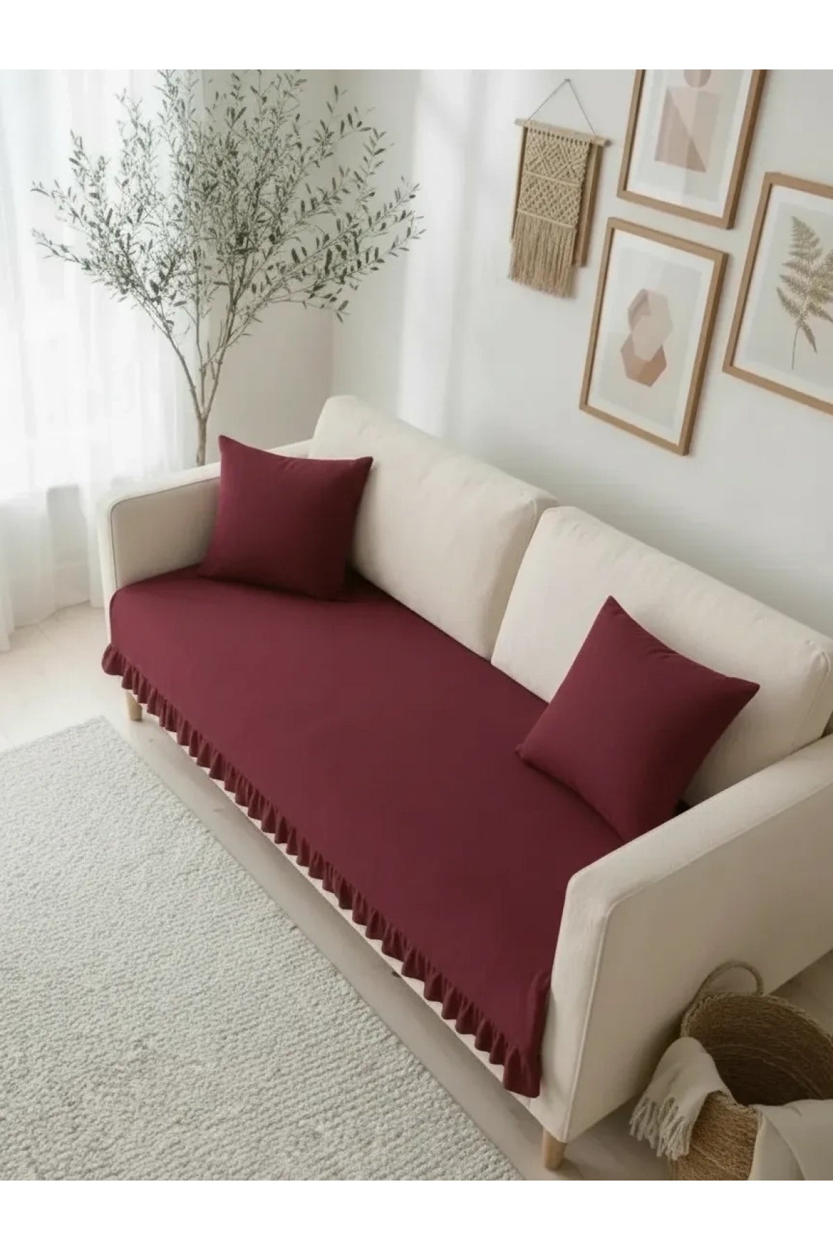 NDC HOME Fırfırlı Keten Koltuk Örtüsü [Kırlentli]-Bordo