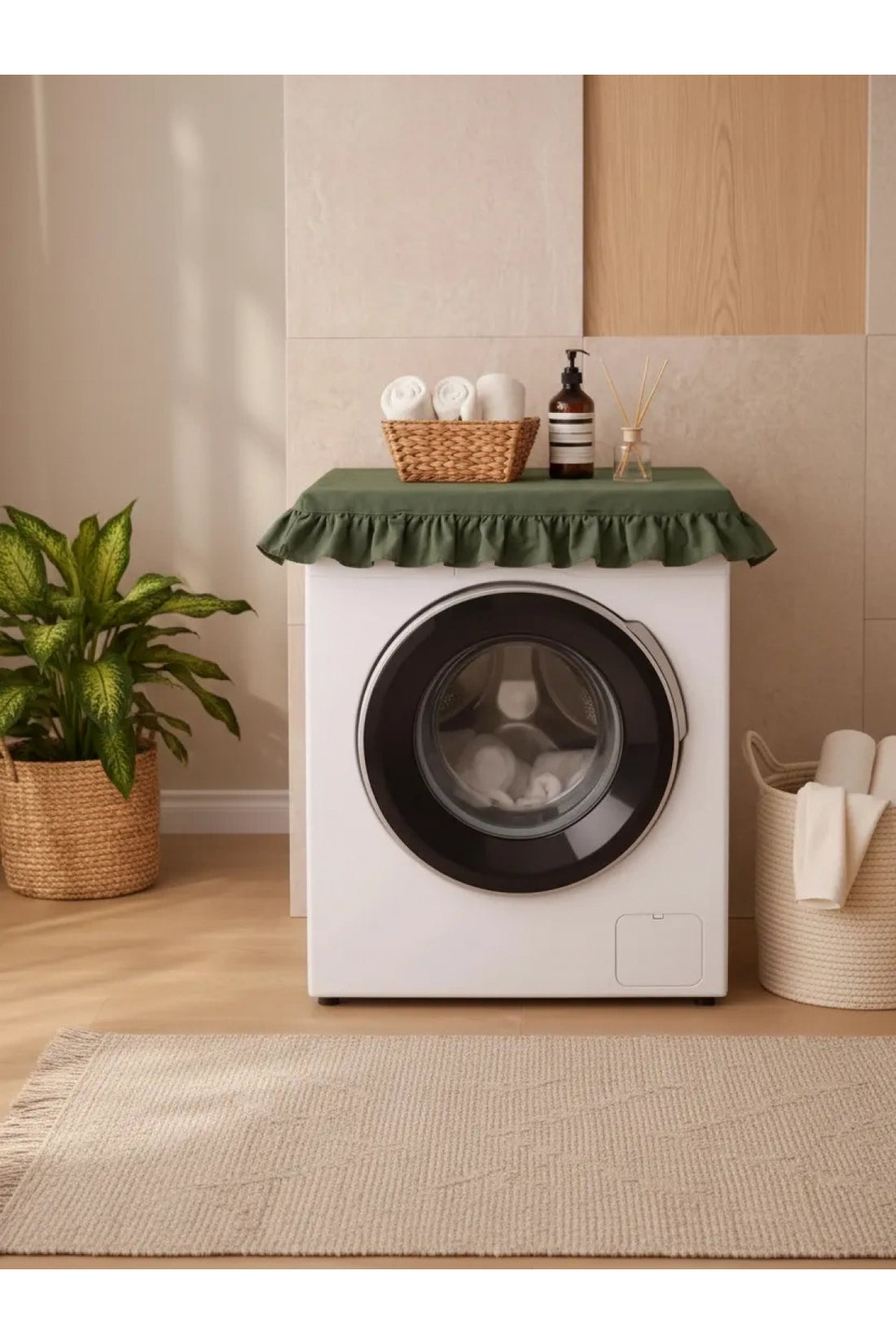 NDC HOME Fırfırlı Çamaşır Makinesi Örtüsü - Çeyizlik Dekoratif Banyo Makine Kılıfı- Haki