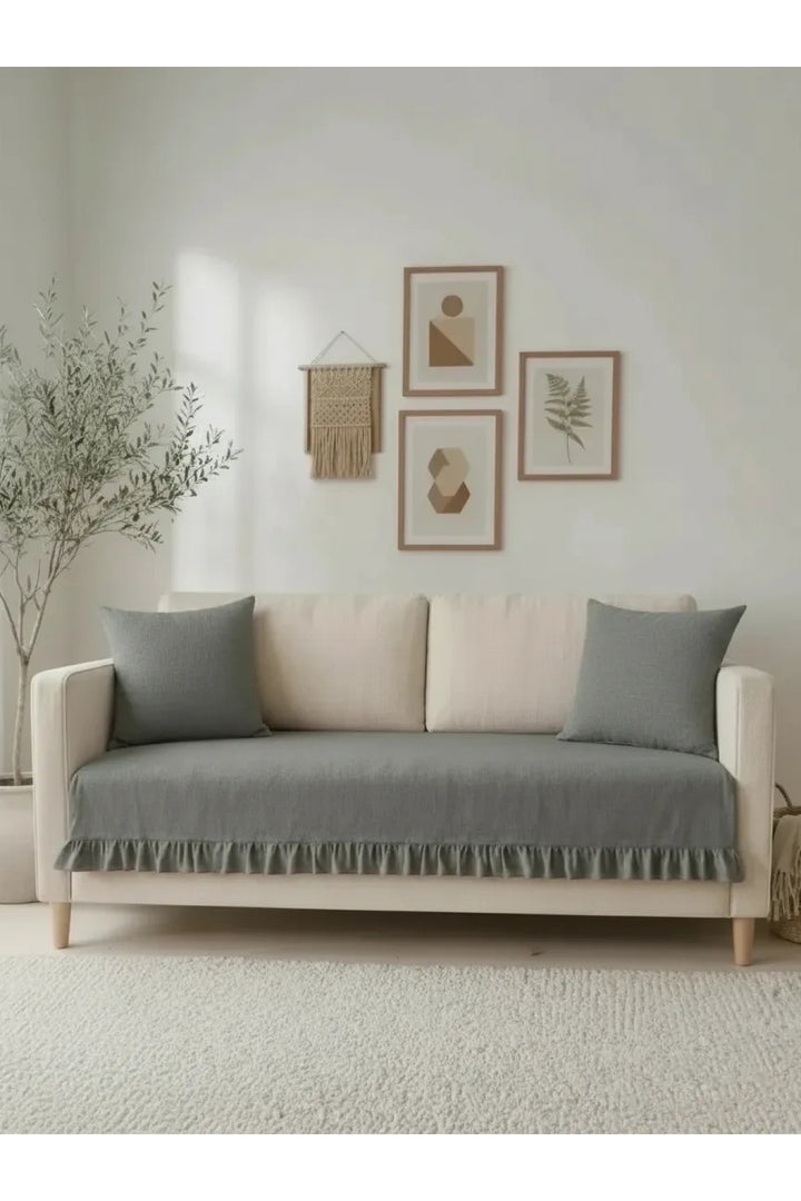 NDC HOME Fırfırlı Keten Koltuk Örtüsü [Kırlentli]-Füme