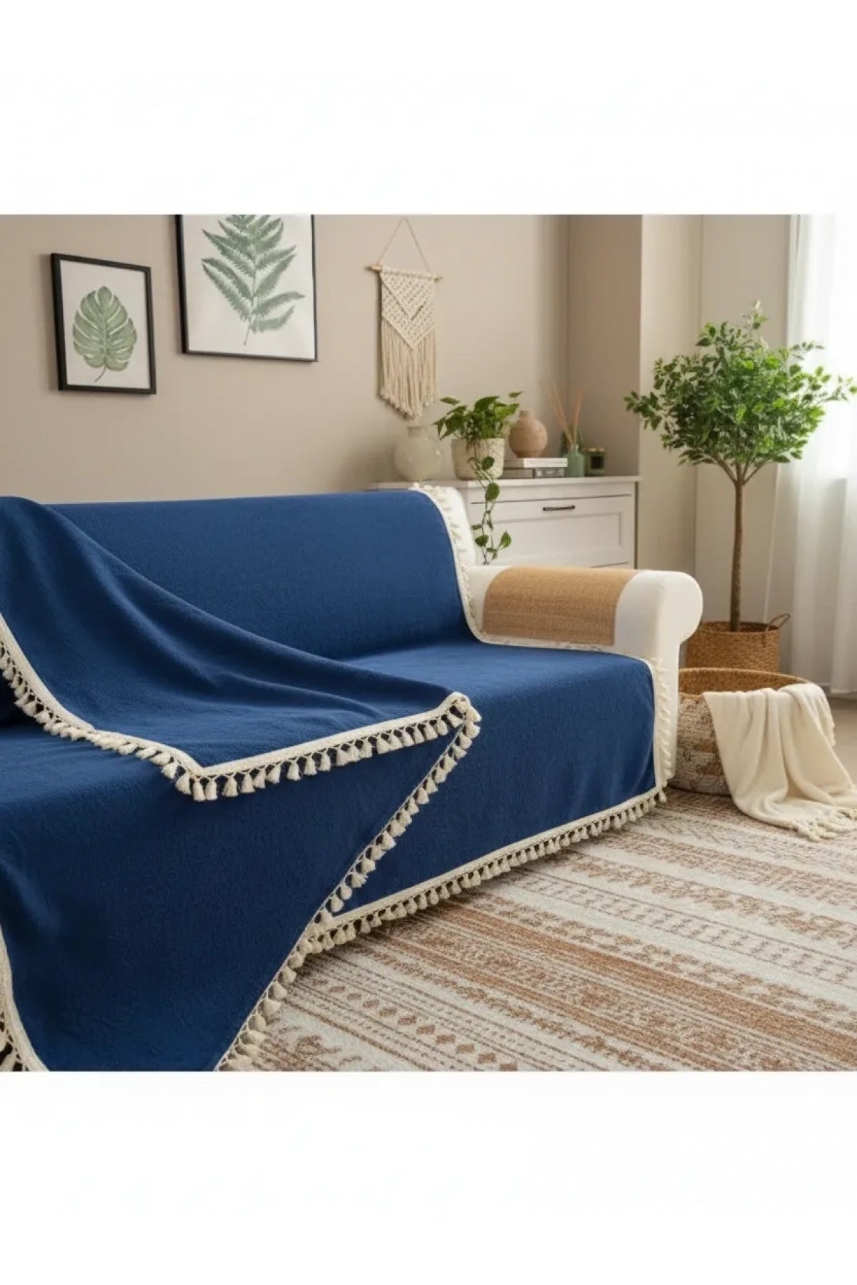 NDC HOME Premium Keten Lacivert  Ponponlu  Koltuk Örtüsü (170 x 220)