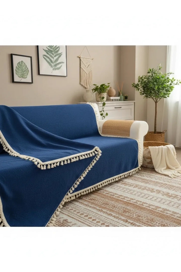 NDC HOME Premium Keten Lacivert  Ponponlu  Koltuk Örtüsü (170 x 220)