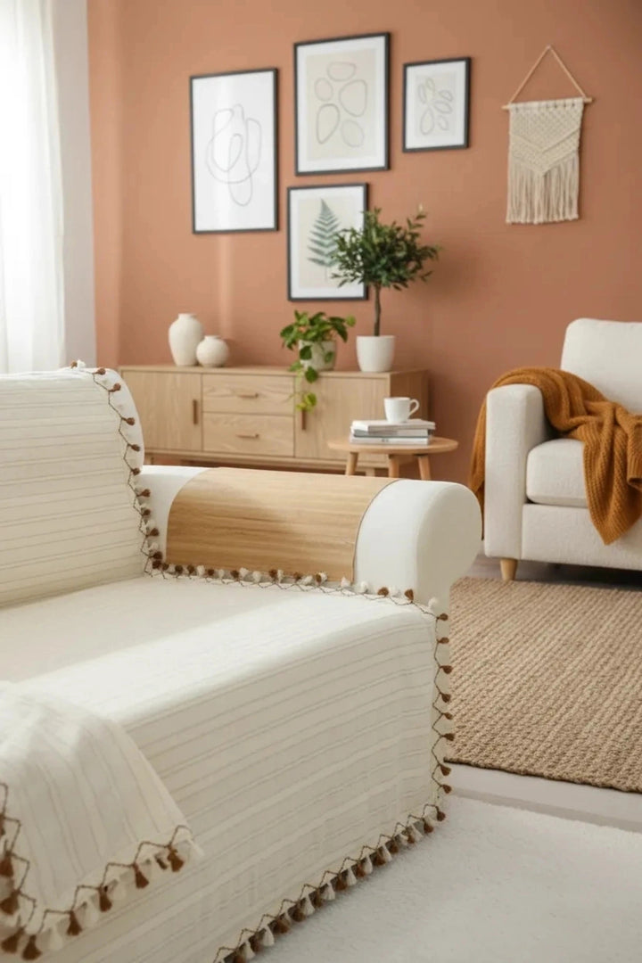 NDC HOME Buldan Dokuması  Keten Ponponlu Koltuk Örtüsü (170 x 220)