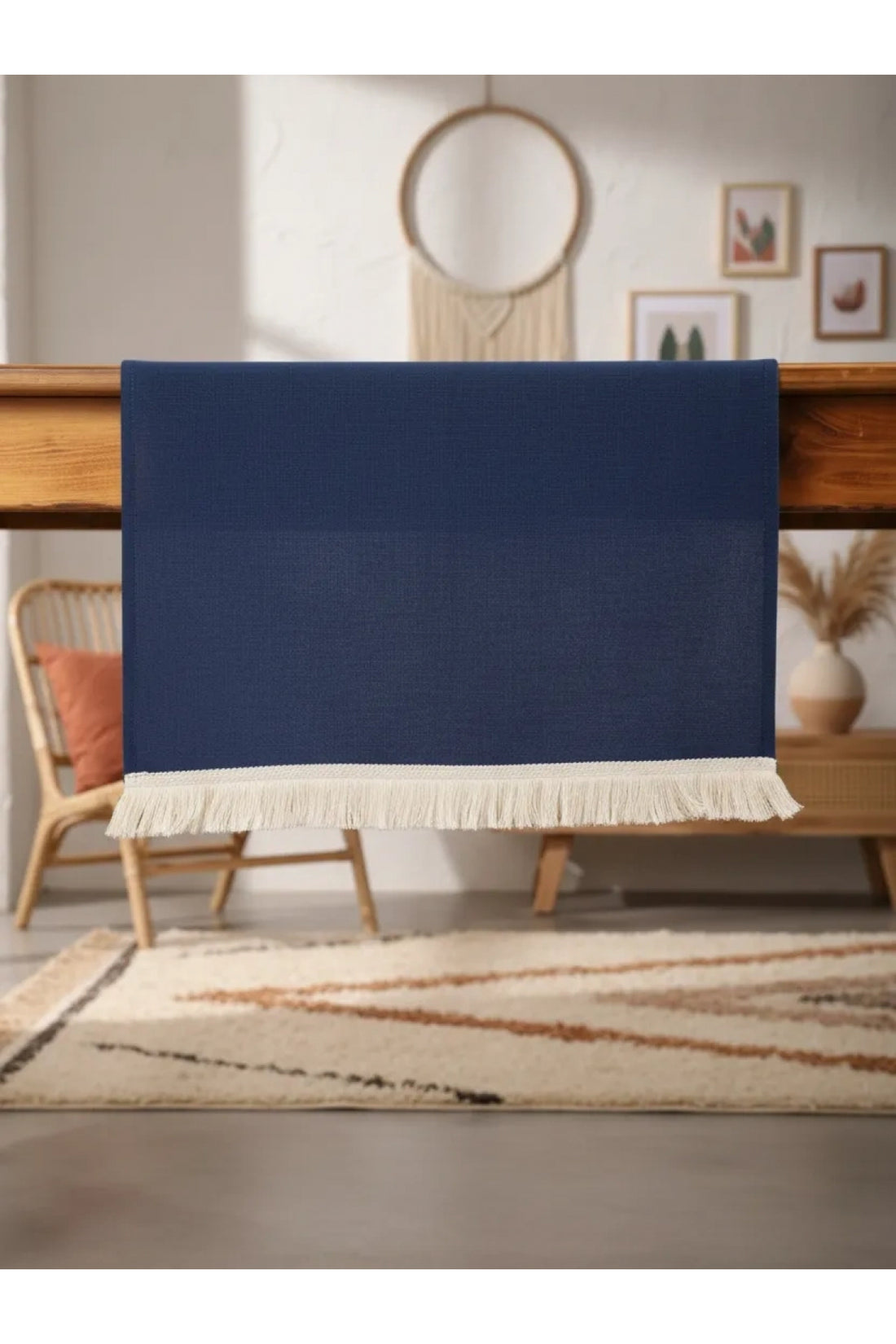 NDC HOME Premium Keten Lacivert Püsküllü Runner Masa örtüsü(45 x 150)