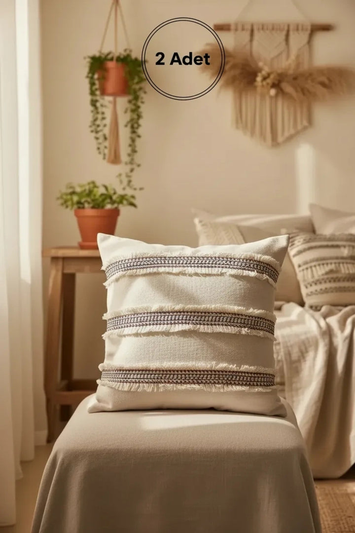 NDC HOME Mini Çift Püsküllü Keten Krem Kırlent 2 Adet Kırlent Kılıfı(43 X 43)