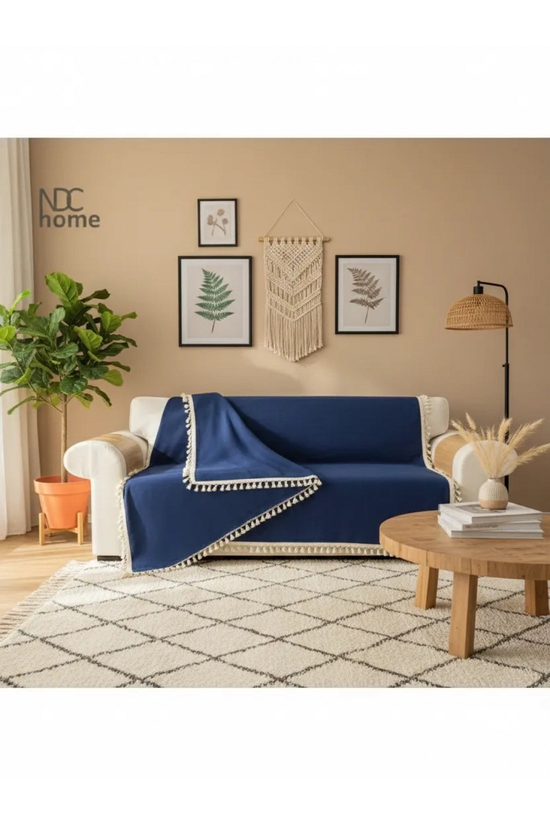 NDC HOME Premium Keten Lacivert  Ponponlu  Koltuk Örtüsü (170 x 220)