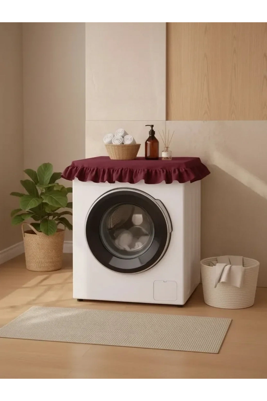NDC HOME Fırfırlı Çamaşır Makinesi Örtüsü - Çeyizlik Dekoratif Banyo Makine Kılıfı- Bordo