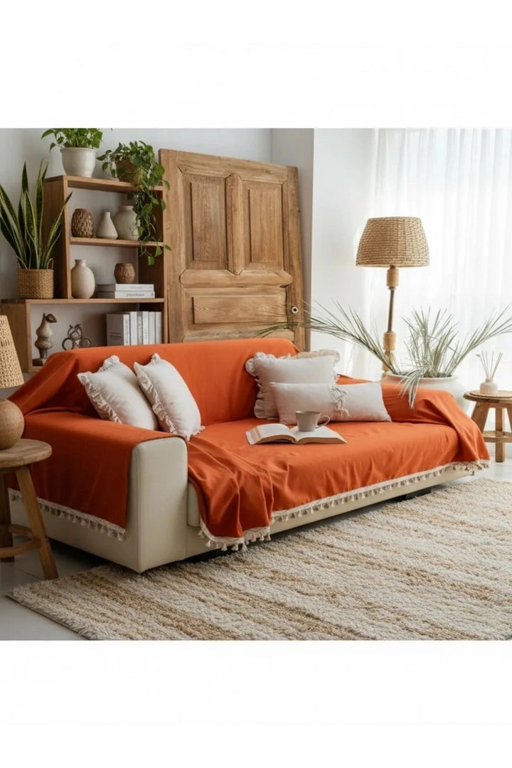NDC HOME Premium Keten Tarçın KAHVERENGİ Ponponlu Koltuk Örtüsü (170 x 220)