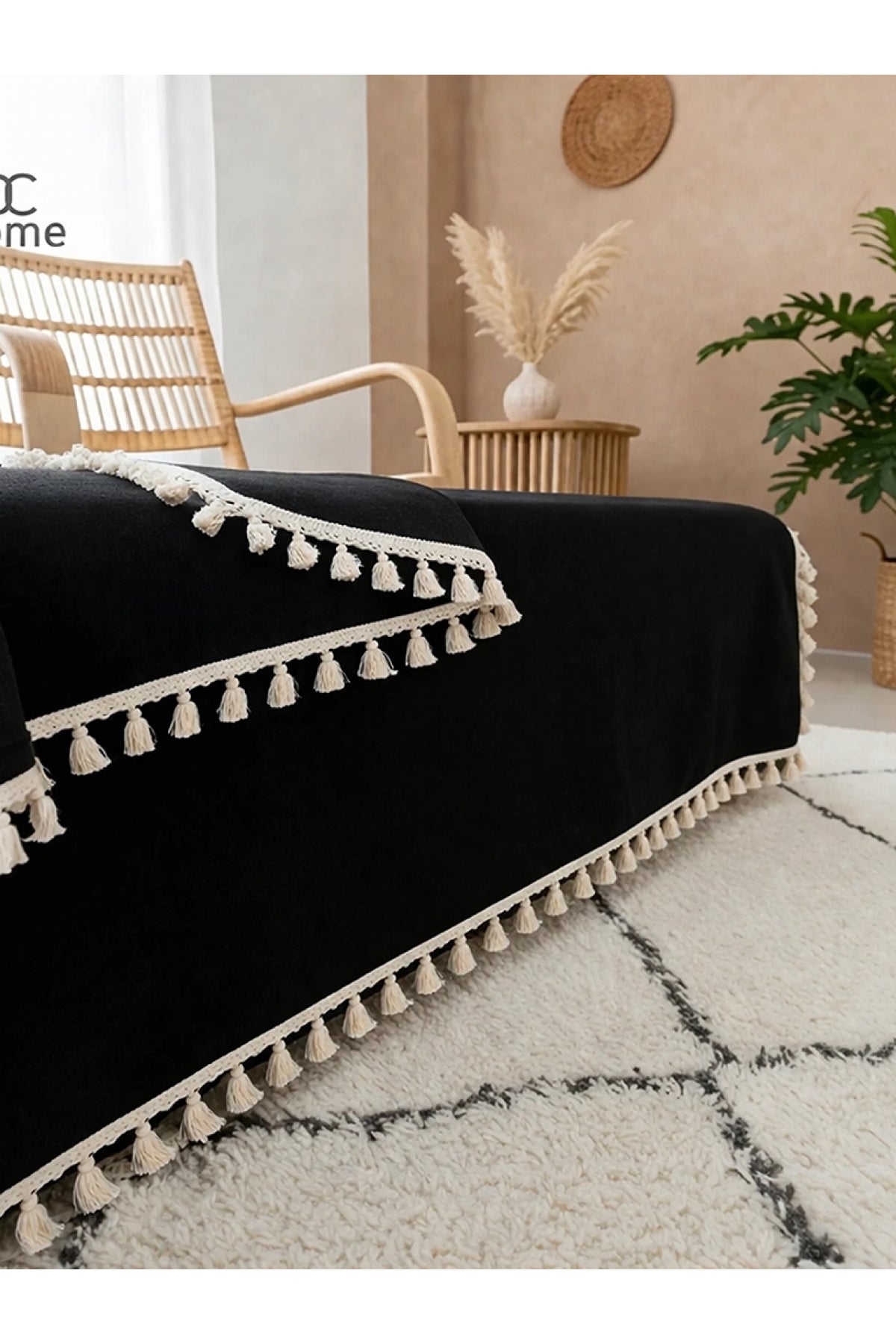 NDC HOME Premium Keten Siyah Ham Ponponlu Koltuk Örtüsü (170 X 220)