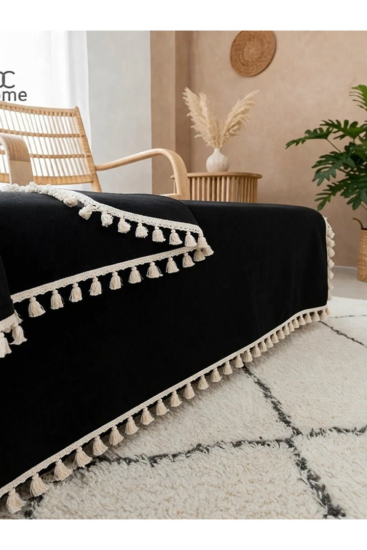 NDC HOME Premium Keten Siyah Ham Ponponlu Koltuk Örtüsü (170 X 220)