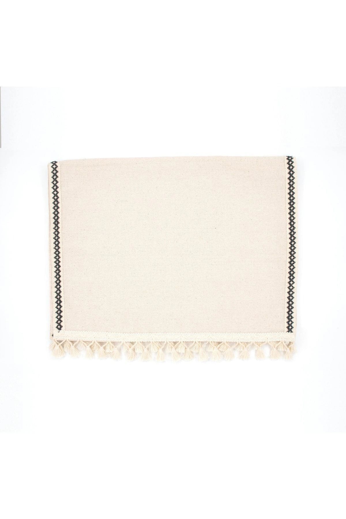 NDC HOME Ham Keten Siyah Şeritli Ponponlu 50 X 150 Cm. Krem Runner.