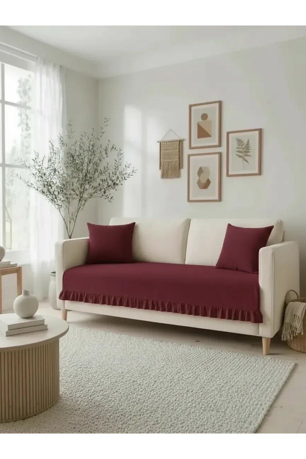 NDC HOME Fırfırlı Keten Koltuk Örtüsü [Kırlentli]-Bordo