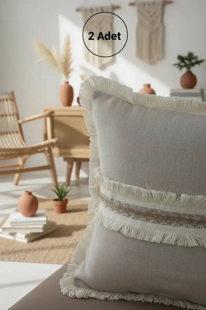 NDC HOME Bej Keten Jüt Dantelli Kırlent Kırlent Kılıfı 43 X 43