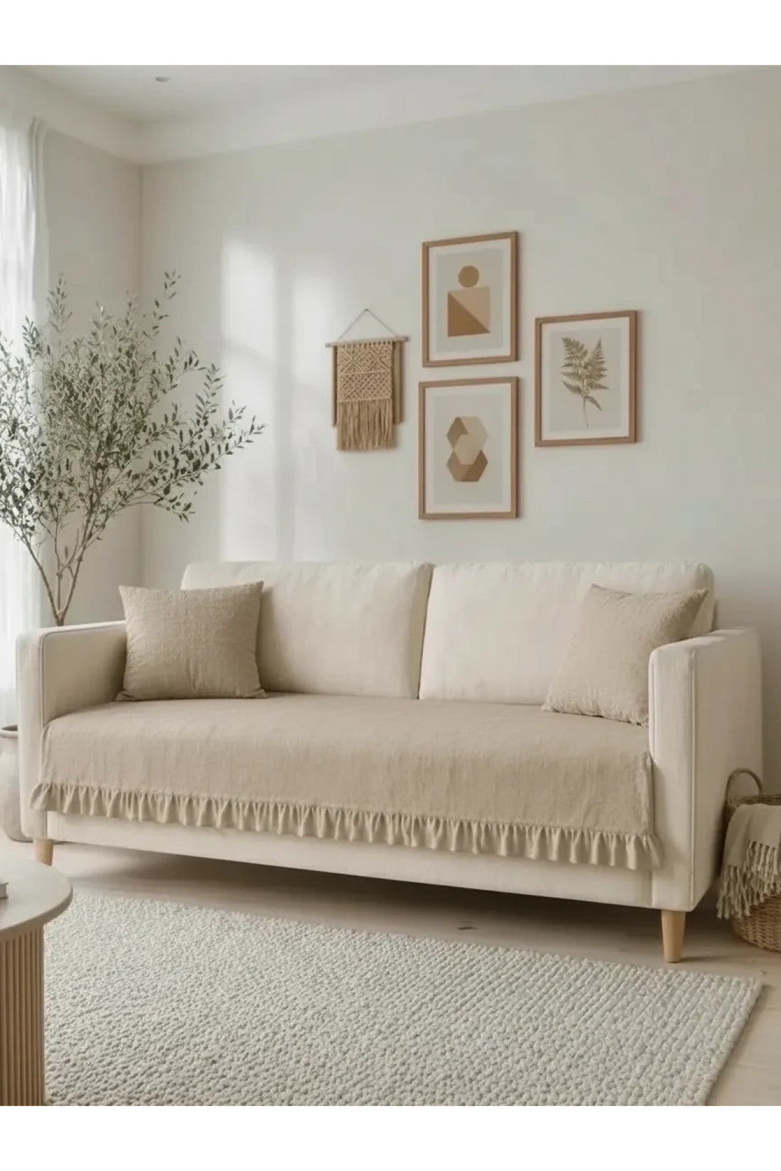 NDC HOME Fırfırlı Keten Koltuk Örtüsü [Kırlentli] -Bej
