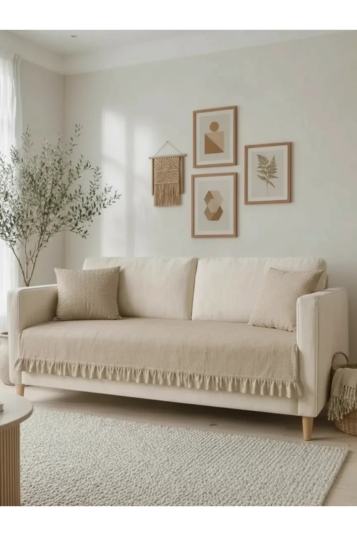 NDC HOME Fırfırlı Keten Koltuk Örtüsü [Kırlentli] -Bej