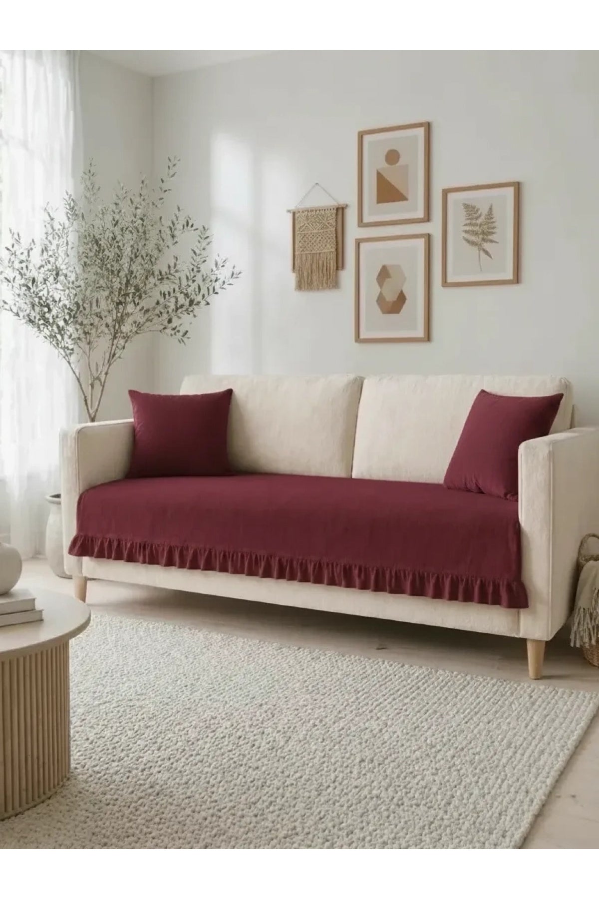NDC HOME Fırfırlı Keten Koltuk Örtüsü [Kırlentli]-Bordo