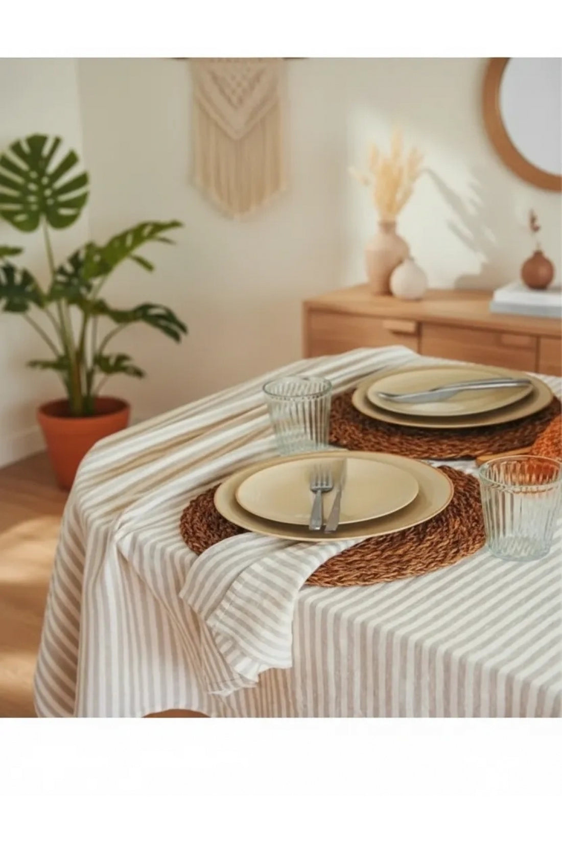 NDC HOME Keten Bej (DÜZ) Çizgili Masa Örtüsü