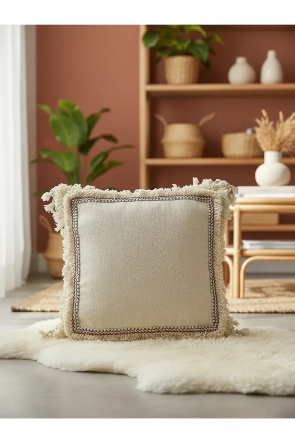 NDC HOME Dört Kenar Püsküllü Keten Krem Kırlent Kırlent Kılıfı43x43][