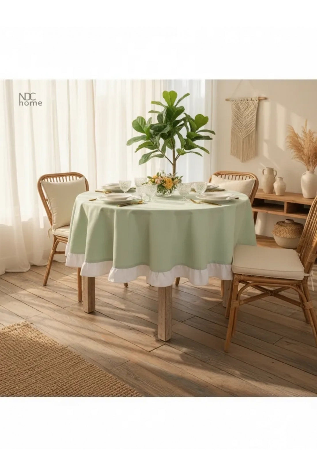 NDC HOME Yeşil Keten YUVARLAK (Beyaz) FIRFIRLI Masa Örtüsü