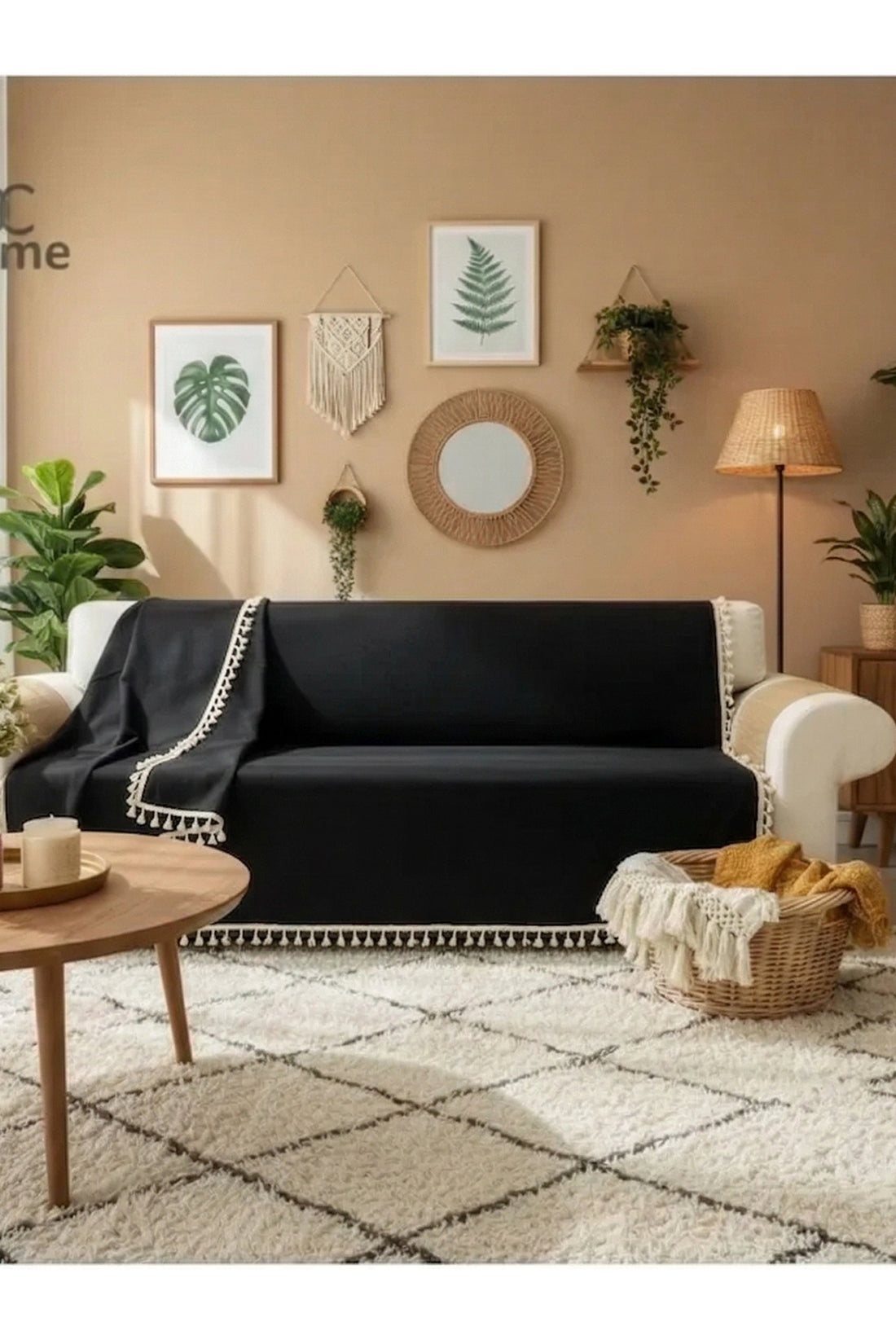 NDC HOME Premium Keten Siyah Ham Ponponlu Koltuk Örtüsü (170 X 220)