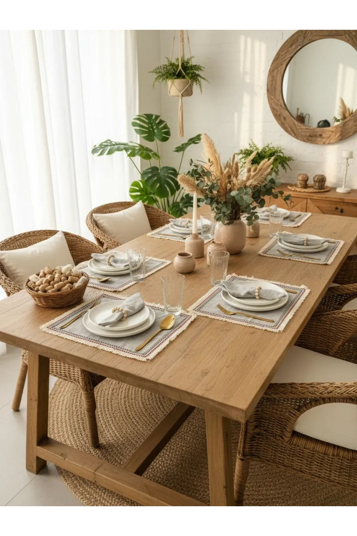 NDC HOME 6LI Gri Keten Mini Püsküllü [Ahşap Toka Hediyeli] Peçete Takımı