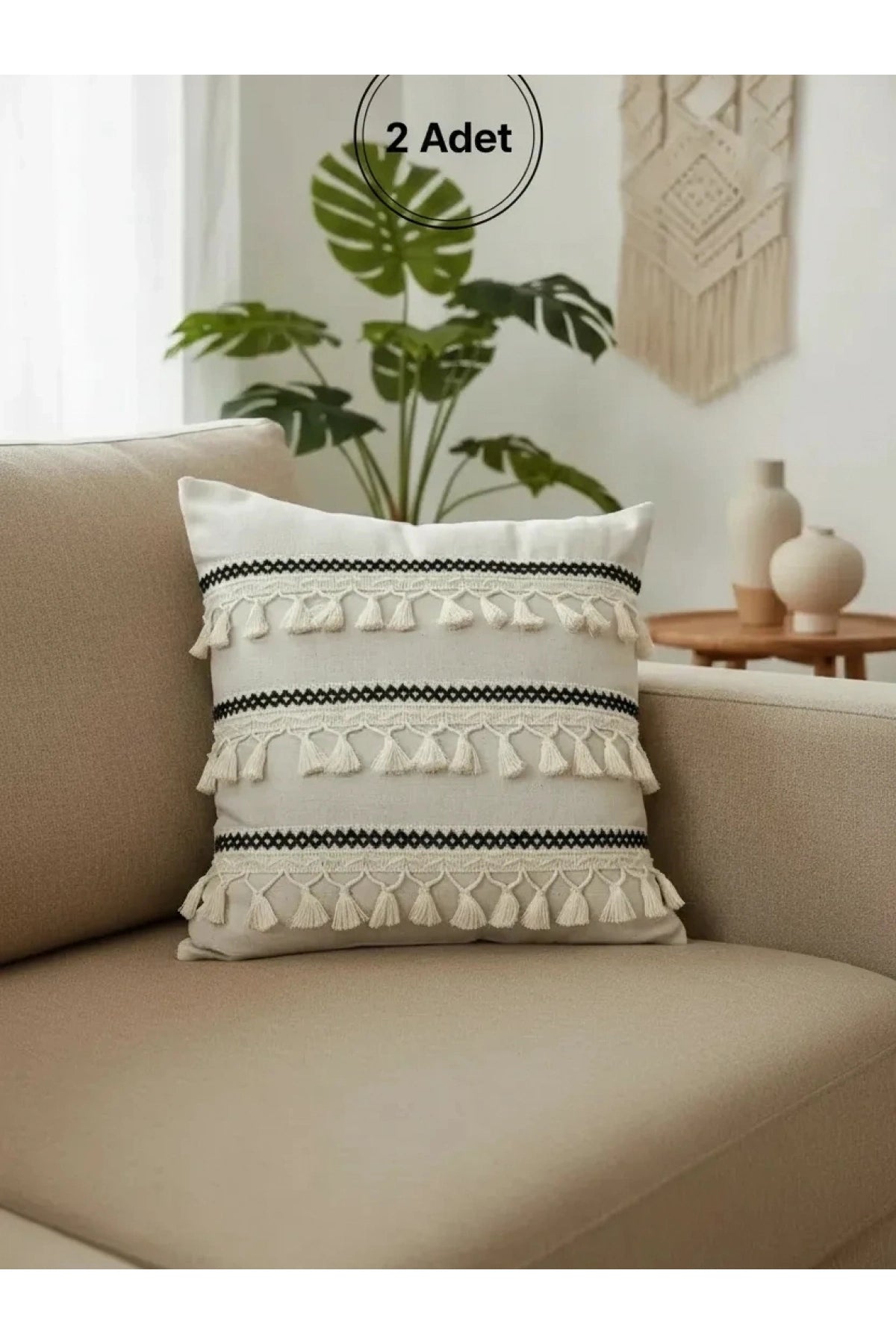 NDC HOME Özel Tasarım Siyah Şeritli Tekli Keten Krem Kırlent Kılıfı