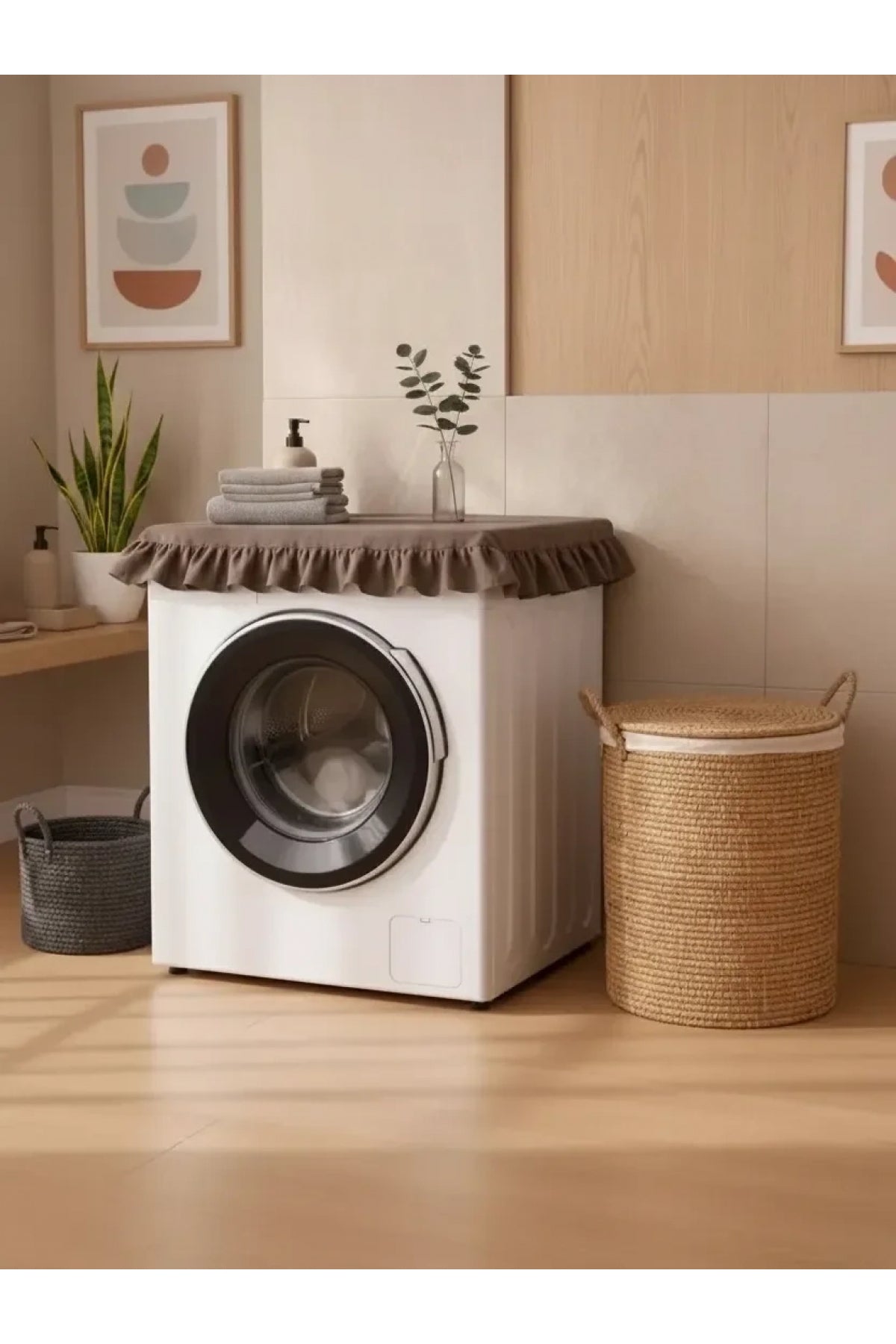 NDC HOME Fırfırlı Çamaşır Makinesi Örtüsü - Çeyizlik Dekoratif Banyo Makine Kılıfı- Kahverengi