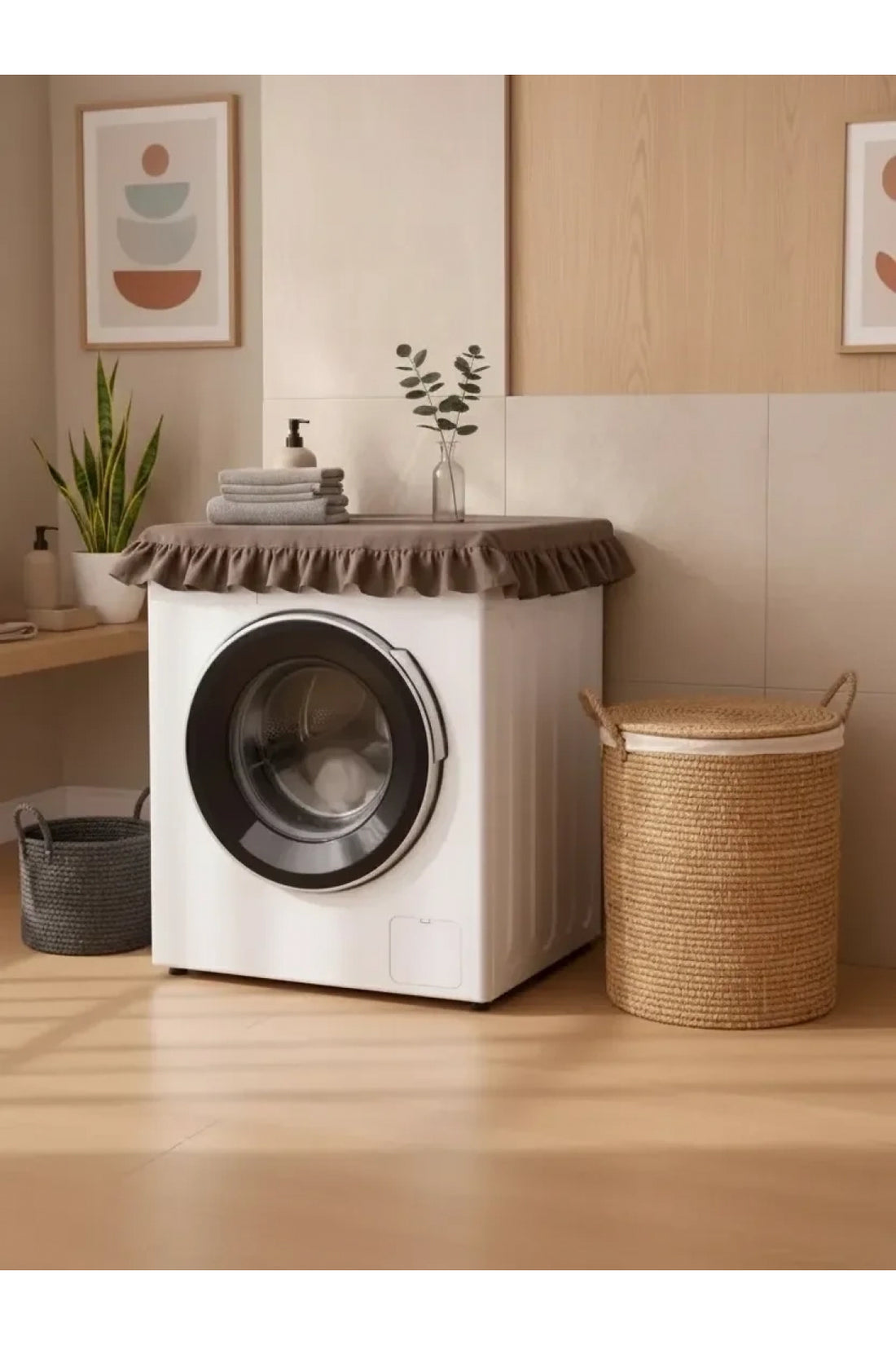 NDC HOME Fırfırlı Çamaşır Makinesi Örtüsü - Çeyizlik Dekoratif Banyo Makine Kılıfı- Kahverengi