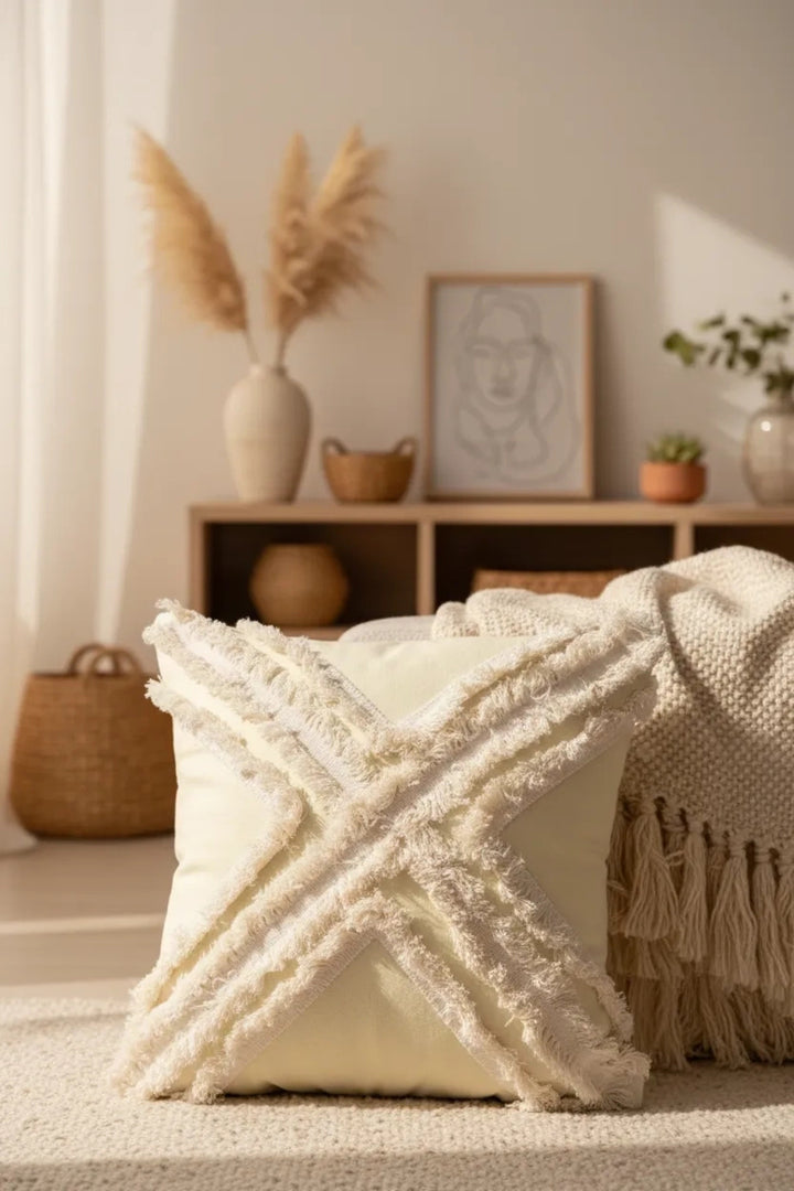 NDC HOME Sarı Renk Keten Çoklu Püsküllü Kırlent 2 Adet Kırlent Kılıfı(43 X 43)