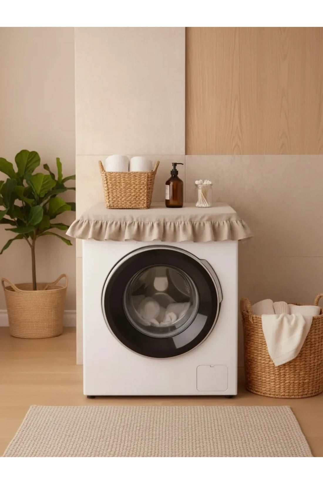 NDC HOME Fırfırlı Çamaşır Makinesi Örtüsü - Çeyizlik Dekoratif Banyo Makine Kılıfı- Bej