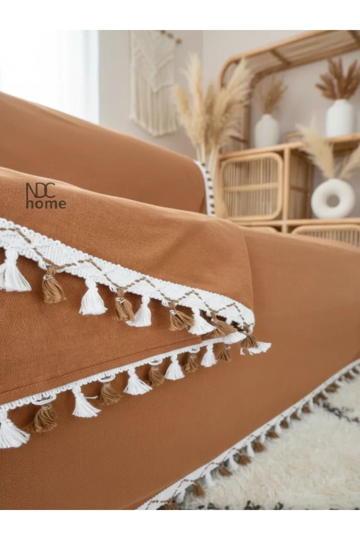 NDC HOME Premium Keten Tarçın [ TARÇIN] Ponponlu Koltuk Örtüsü (170 x 220