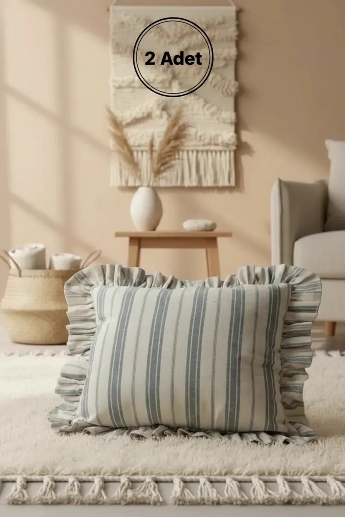 NDC HOME Premium Keten Gri Kalın Çizgili Fırfırlı KIrlent Kırlent Kılıfı (43 x 43 )