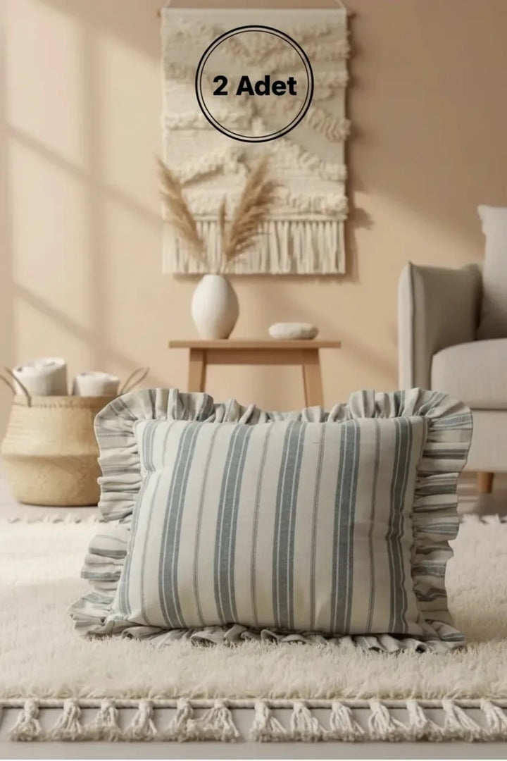 NDC HOME Premium Keten Gri Kalın Çizgili Fırfırlı KIrlent Kırlent Kılıfı (43 x 43 )