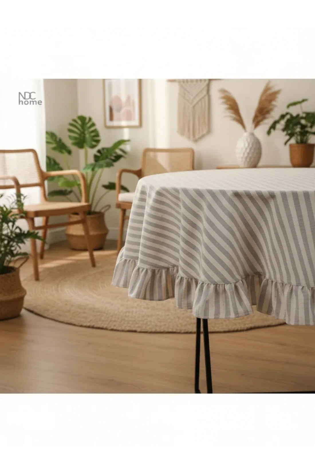 NDC HOME Gri Çizgili Keten YUVARLAK FIRFIRLI Masa Örtüsü