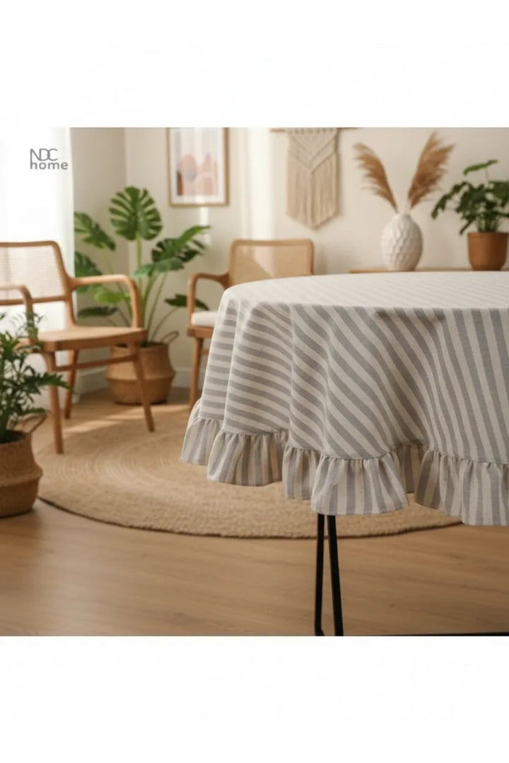 NDC HOME Gri Çizgili Keten YUVARLAK FIRFIRLI Masa Örtüsü