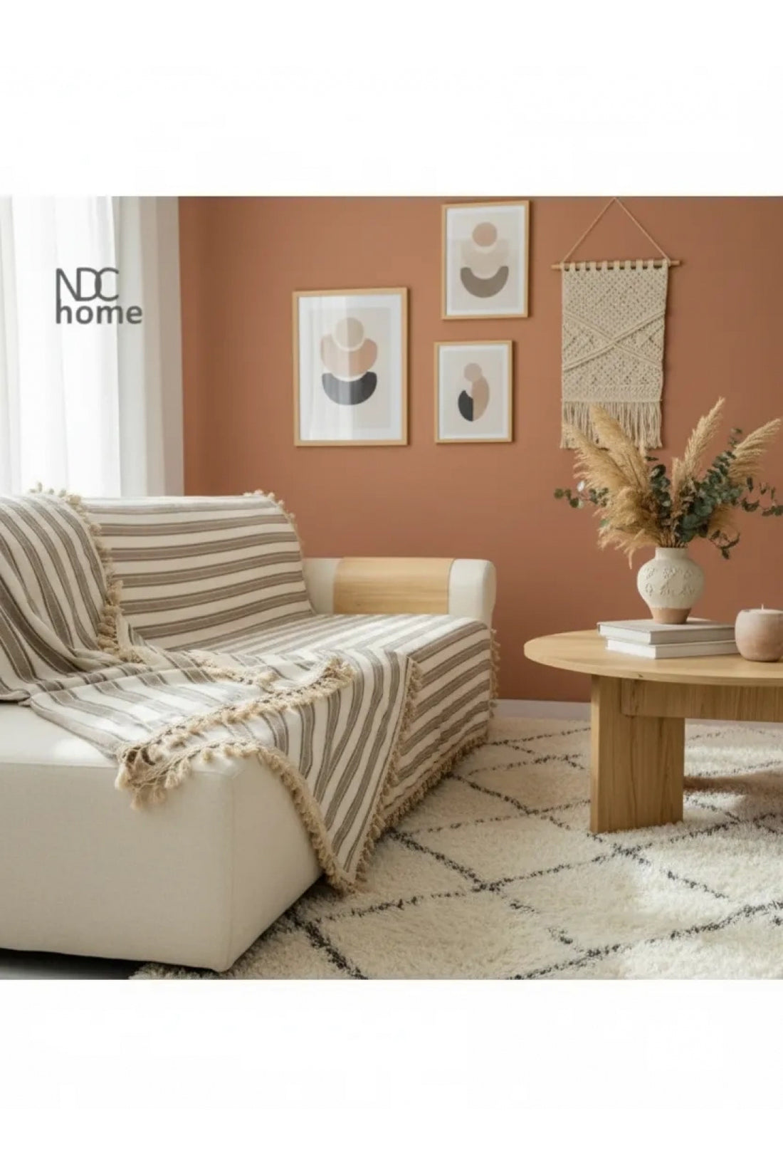 NDC HOME Premium Keten Kahverengi Çizgili Bej Ponponlu   Koltuk Örtüsü (170 x 220)
