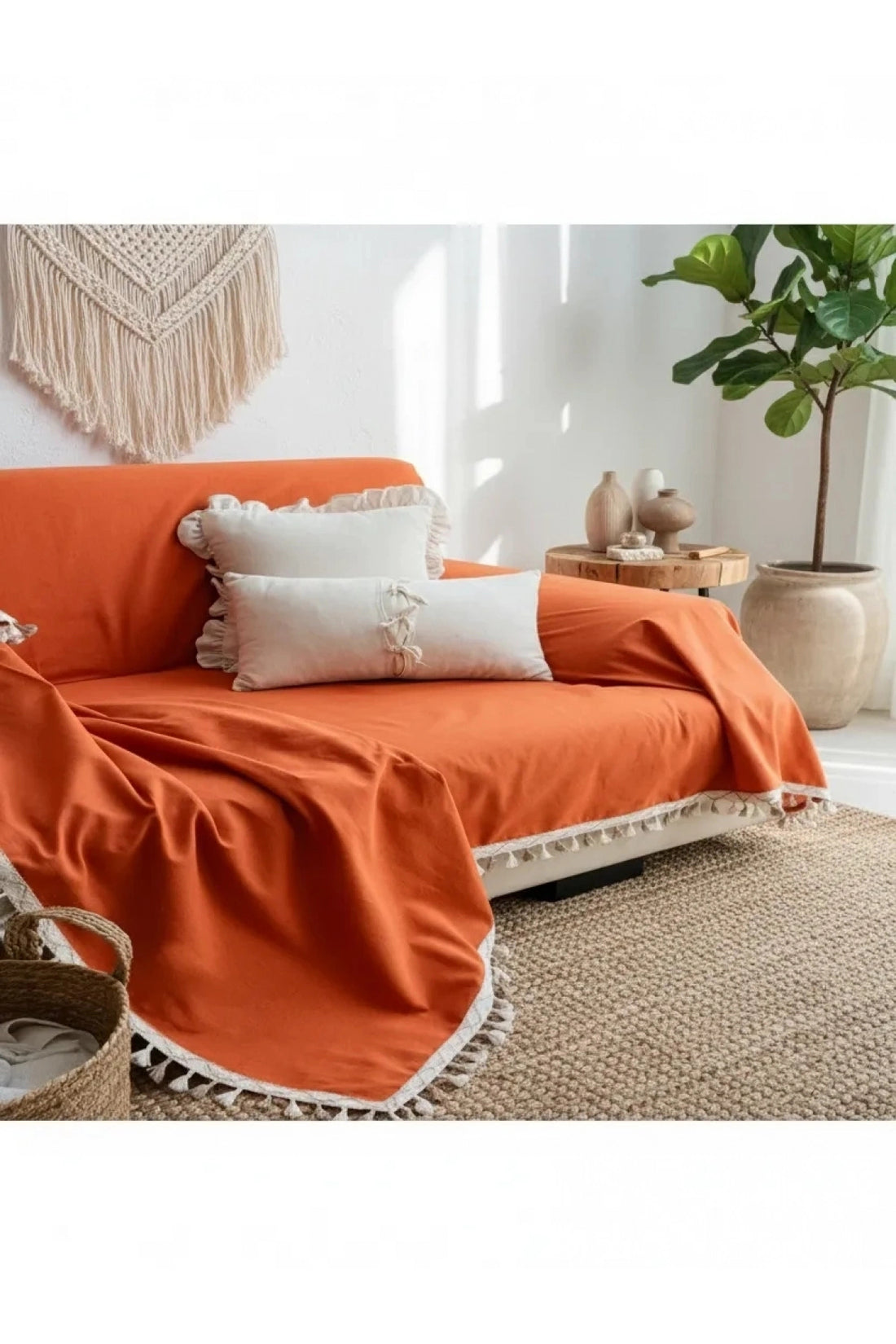 NDC HOME Premium Keten Tarçın KAHVERENGİ Ponponlu Koltuk Örtüsü (170 x 220)