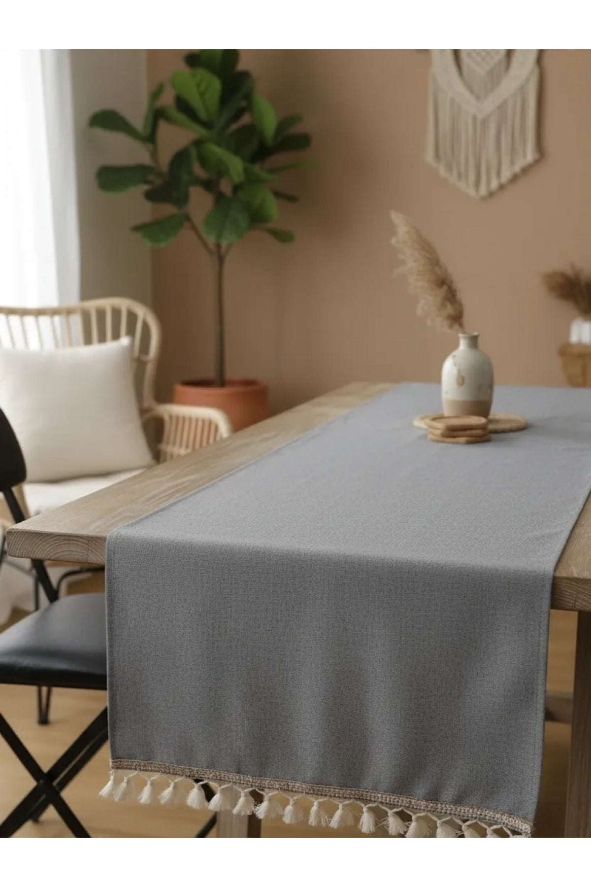NDC HOME Keten Gri Antrasit Şeritli Ponpon Runner 150 X 45