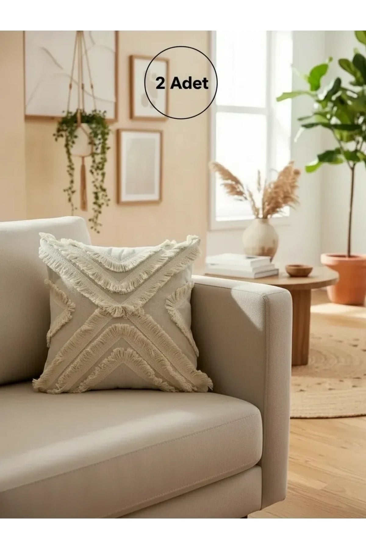 NDC HOME Ham Keten Çoklu Püsküllü Kare Kırlent 2 Adet Kırlent Kılıfı 43x43